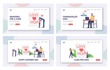 Naklejka na ściany i meble Happy Mother Day Landing Page Template Set. Tiny Child Character Writing Love Mom on Page, Children Congratulate Mothers