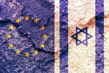 EU and Israel vertical national flags icon pattern isolated together on weathered rock wall background, abstract Europe Israel solid political relationship partnership concept texture wallpaper