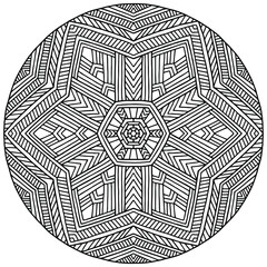 mandala with abstract star and linear ornaments in folk style on a white background for coloring, vector