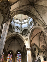 Clean minimalist Gothic interior style architecture inside Roman Catholic church or cathedral with...
