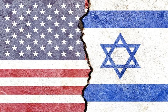 Grunge USA VS Israel national flags icon pattern isolated on broken cracked wall background, abstract international political relationship friendship divided conflicts concept texture wallpaper