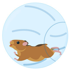 Cute little hamster running in blue transparent ball. Vector  cartoon illustration