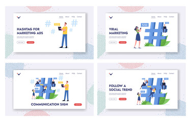 Fototapeta na wymiar Communication Sign Landing Page Template Set. Tiny Characters with Digital Devices Texting, Send Messages Online