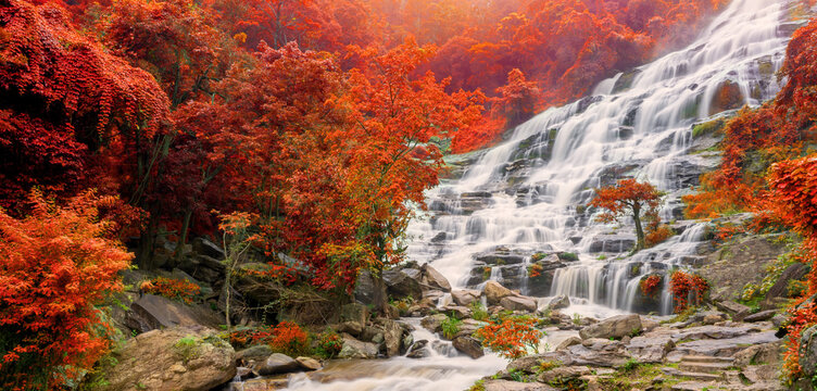 Banner Colourful of Mae ya waterfall is a big beautiful waterfalls in Chiang mai Thailand