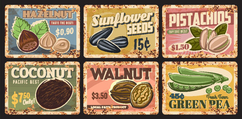 Nuts, legumes and seeds vintage rusty plates of vector food. Pistachio, walnut, coconut and hazelnut, green pea and sunflower seeds old thin plates with beans, grains, nut kernels and shells