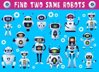 Kids game find two same robots, tabletop or board game puzzle, vector. Find two same robot droids or android chatbots, kids boardgame or entertainment riddle and brain activity game background