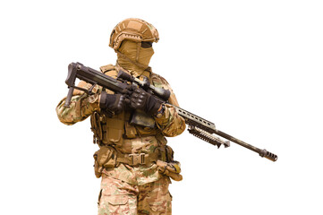 Equipped special forces soldier with sniper rifle isolated on white background