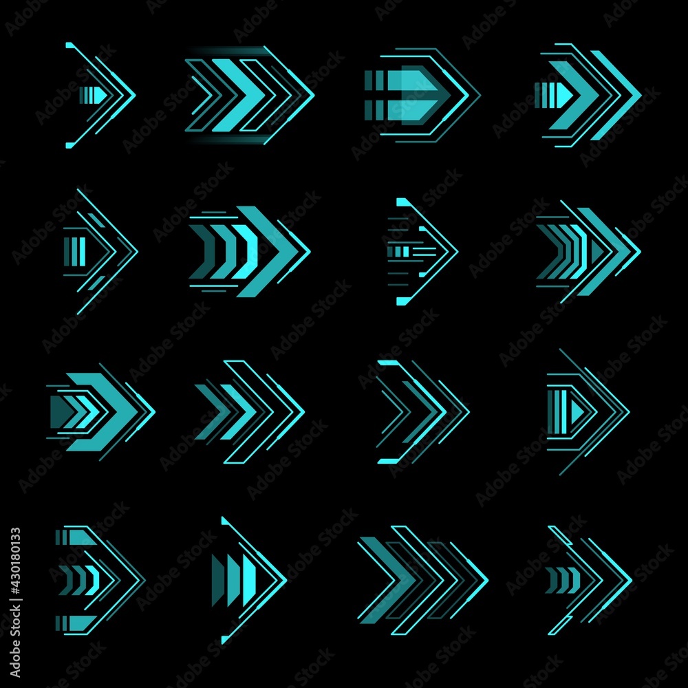 Leinwandbilder Hud arrows, futuristic navigation pointers, Sci Fi Ui interface vector elements. Futuristic neon glowing buttons for computer game or app menu, modern graphic design in digital techno style set