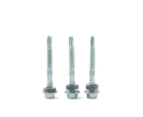 Close-up for mortar self-drilling screws made of chrome metal with black rubber. Isolated on white background