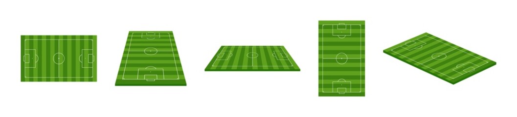 Football field. 3d soccer stadium. Green football arena with perspective view. Isometric court for sport game. Green grass on soccer field with line, frame and corner. European league. Vector
