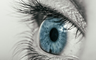 Human eye with blue pupil. Black and white. Close-up.