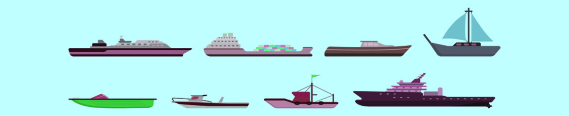 set of ships cartoon icon design template with various models. vector illustration isolated on blue background