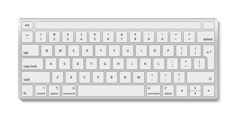 Keyboard of computer. White aluminum key board with button. Keyboard with black alphabet for laptop and pc isolated on white background. Modern realistic wireless device for desktop. Vector