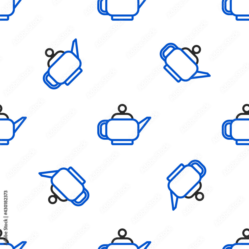 Sticker Line Traditional Japanese tea ceremony icon isolated seamless pattern on white background. Teapot with cup. Colorful outline concept. Vector