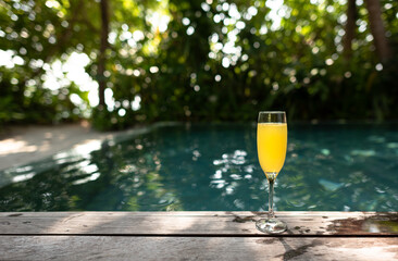 Tropical cocktail on a background of tropical plant leaves and sun shades. on a background of tropical plant. Color background