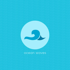 Vector seascape illustration, summer sea with big wave and logo in a circle. Simple and modern logo design.