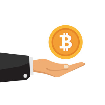 Hand with bitcoin isolated on white background. Hand holding bitcoin. Vector stock
