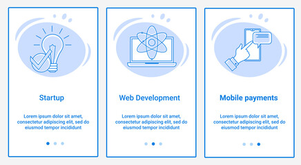 Modern flat illustrations in the form of a slider for web design. A set of UI and UX interfaces for the user interface.The topic is Startup, Web Development, and Mobile Messaging.