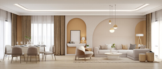 Panorama of luxury living room and dining area with sofa,armchair.3d rendering
