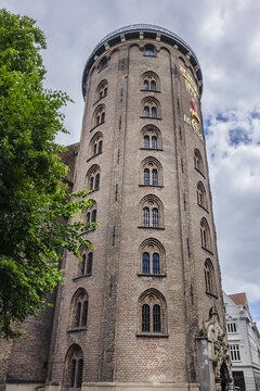 Rundetaarn (Round Tower, 1642) in central Copenhagen, Denmark. Round Tower - part of Trinitatis Complex, which includes Trinitatis Church, observatory tower and University Library.
