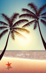 Summer background with beach and silhouettes of palm trees, evening coast, sand, sky and sun.