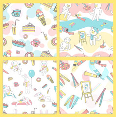 A set of children's seamless patterns.The cat is an artist.Bunny dainty.