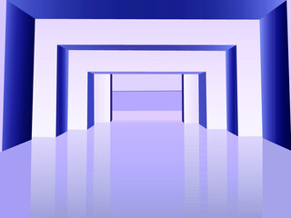 the image of a portal made of U-shaped figures in blue and white tones and with their mirror reflection on the floor for decoration of illustrations, interior decorations and decoration of dance floor
