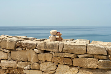 Two teddy bears on stone wall in front of sea and sky