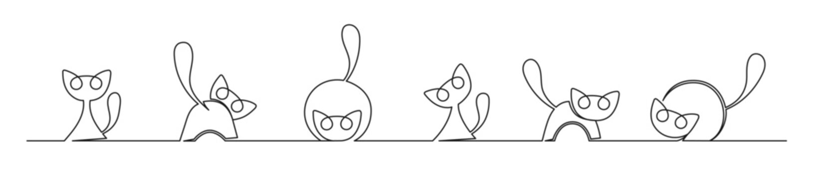 Set of continuous one line drawing of a cute cats. Beautiful cats isolated on a white background. Vector illustration