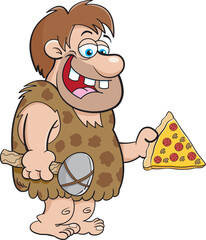 Cartoon illustration of a caveman holding a large slice of pizza.