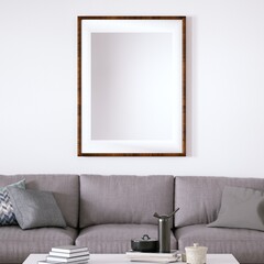 Scandinavian design mid-century interior with Cozy Couch, Wooden Floors and House Plants. Empty Frame Mockup, Art and Print Mockup.