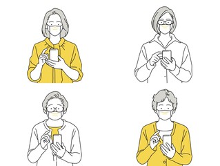 人物 イラスト 女性 セット 正面 スマホ 操作する シニア マスク