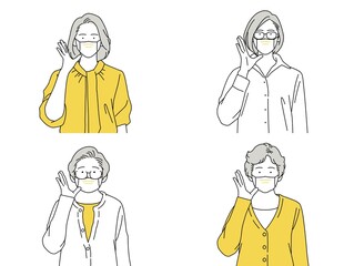 人物イラスト 女性 セット 正面 呼びかける 呼ぶ シニア マスク