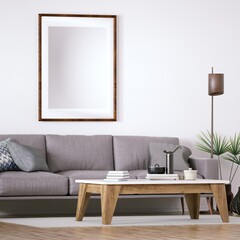 Scandinavian design mid-century interior with Cozy Couch, Wooden Floors and House Plants. Empty Frame Mockup, Art and Print Mockup.