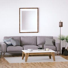 Scandinavian design mid-century interior with Cozy Couch, Wooden Floors and House Plants. Empty Frame Mockup, Art and Print Mockup.