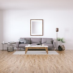 Scandinavian design mid-century interior with Cozy Couch, Wooden Floors and House Plants. Empty Frame Mockup, Art and Print Mockup.