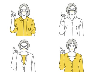人物イラスト 女性 セット 正面 指さし シニア マスク