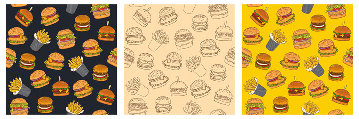 Burger and fries seamless food pattern in retro vintage style set - obrazy, fototapety, plakaty