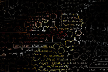 Hand drawn science formulas on chalkboard for background.