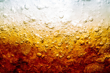 Cola with Ice. Food background ,Cola close-up ,design element. Beer bubbles macro,Ice, Bubble,...