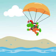 Obraz premium Vector cartoon illustration of skydiving with litlle dinosaur with cartoon style. Creative vector childish background for fabric textile, nursery wallpaper, poster, card, brochure. vector illustration