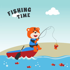 Obraz premium Vector cartoon illustration of cute tiger fishing on sailboat with cartoon style. Can be used for t-shirt print, kids wear fashion design, fabric textile, nursery wallpaper and poster.