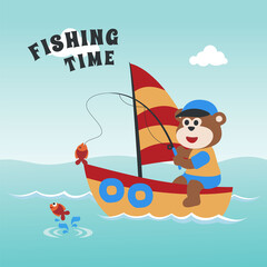 Vector cartoon illustration of cute monkey fishing on sailboat with cartoon style. Can be used for t-shirt print, kids wear fashion design, fabric textile, nursery wallpaper and poster.