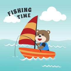 Fototapeta premium Vector cartoon illustration of cute bear fishing on sailboat with cartoon style. Can be used for t-shirt print, kids wear fashion design, fabric textile, nursery wallpaper and poster.