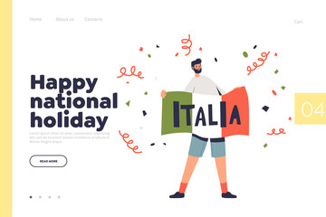 Obraz premium Italy, happy national holiday concept of landing page with man holding italian flag