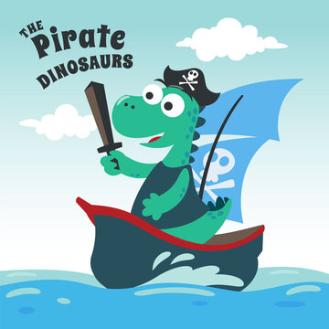 Vector illustration of dinosaur pirate on a ship at the sea with cartoon style. Creative vector childish background for fabric, textile, nursery wallpaper, poster, card, brochure. vector illustration.