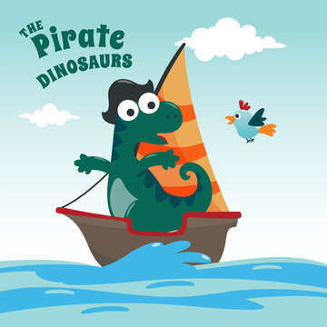 Vector illustration of dinosaur pirate on a ship at the sea with cartoon style. Creative vector childish background for fabric, textile, nursery wallpaper, poster, card, brochure. vector illustration.