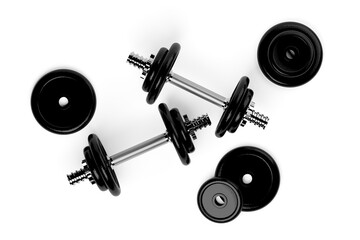 Obraz na płótnie Canvas Two fitness gym dumbbells with chrome handle and black plates over white background flat lay top view from above, muscle exercise, bodybuilding or fitness concept