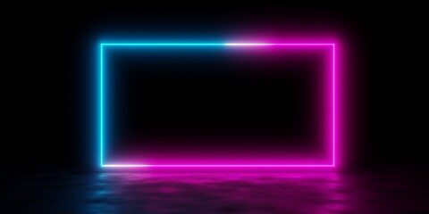 Modern futuristic abstract blue, red and pink neon glowing light frame design in dark room background with reflective floor