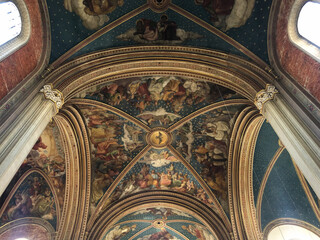 Oppulent Bavarian Byzantine Basilica interior style architecture inside Roman Catholic church or...